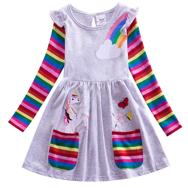 Enhörningsklänning för flickor Barn Regnbåge långärmad prinsessklänning Gray 6-7 Years