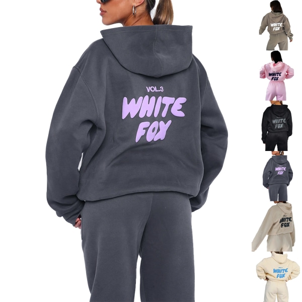 Womens White Fox Letter Print Hoodies Sweatshirt Top Sweatpants Tracksuit Set Black S