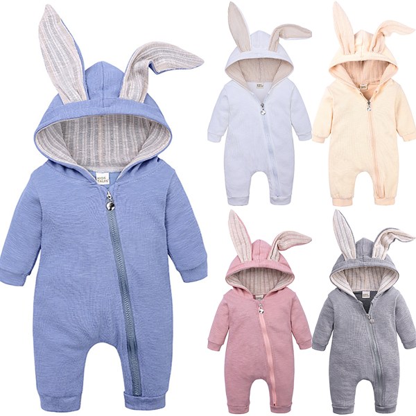 Baby Romper Cartoon Rabbit 3D Ear Hoodie 1Piece Zipper Bodysuit bule 59cm