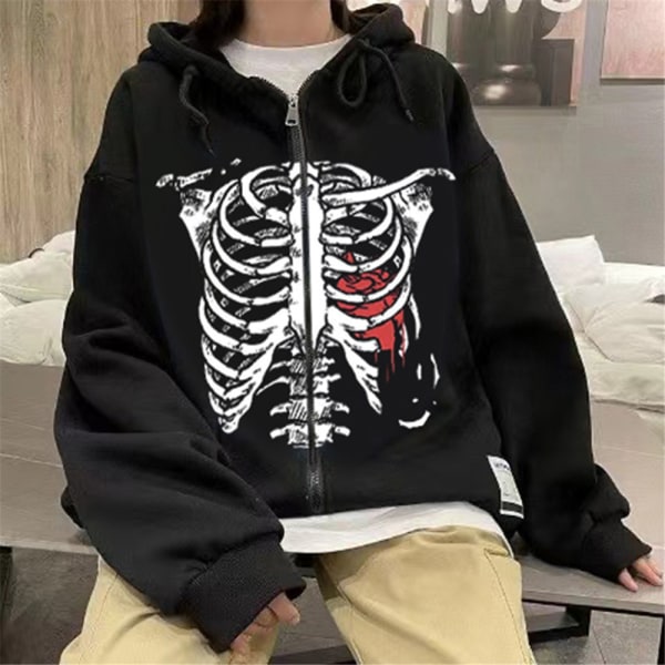 Kvinnor Zip Up Hoodies Skull Print Sweatshirt Oversized jackor 2XL