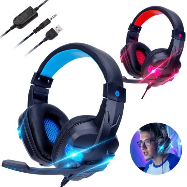 Stereo Gaming Headset LED-ljus- och brusreducerande mikrofon black-red