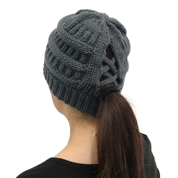 Dam Messy Bun Stickad Hästsvans Mössa Hatta Enkla Varma Mössor Dark gray