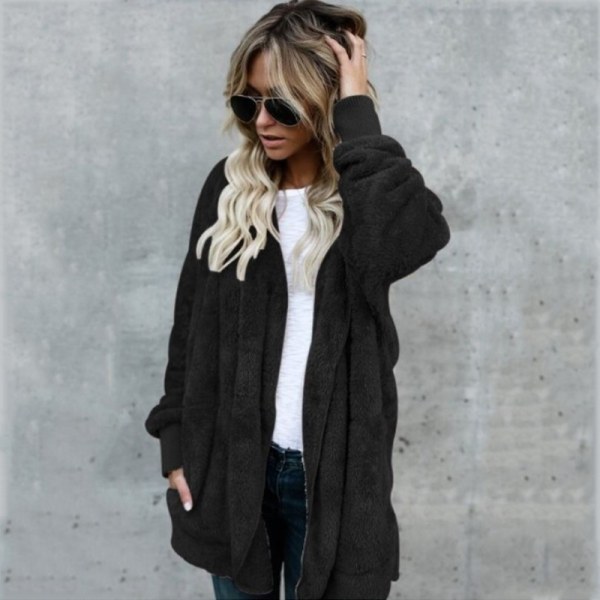 Dam Fuzzy Jacket Coat Hooded Cardigan Ytterkläder med fickor Black L