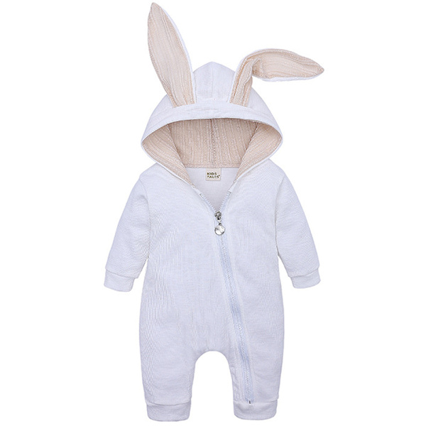 Baby Romper Cartoon Kanin 3D Öron Hoodie 1Piece Dragkedja Body White 59cm