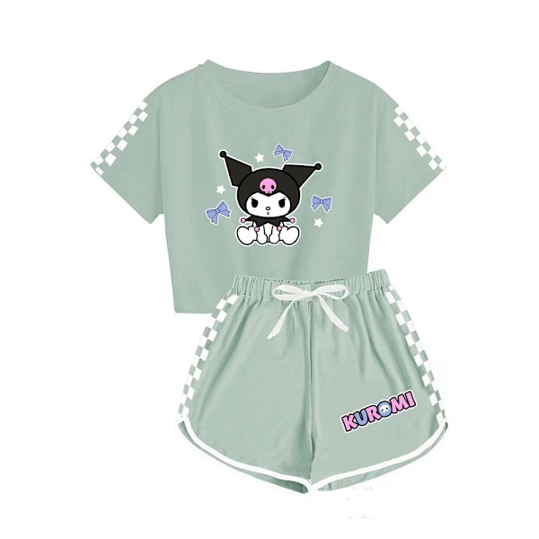 Kuromi Tryckta Kortärmade T-shirts+shorts Sportkläder Set 5-14 År Barn Tonåringar Flicka Träningsdräkt Olive Green 160cm