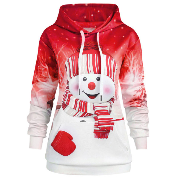 Dam Jul Snowman Gradient Blommig Hood Sweatshirt Topp red 3XL