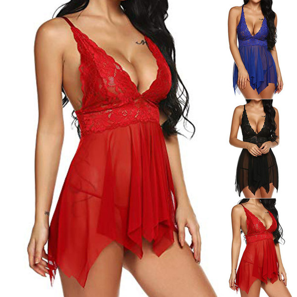 Kvinnors sexiga underkläder spets mesh V klänning sling Mini tight klänning red M