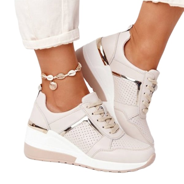 Sneakers för kvinnor Snörning Comfy Classic Tjock sluttande klack skor Off white 37