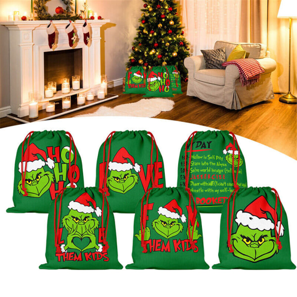 Stora julgrön Grinch säck dragsko presentpåsar D
