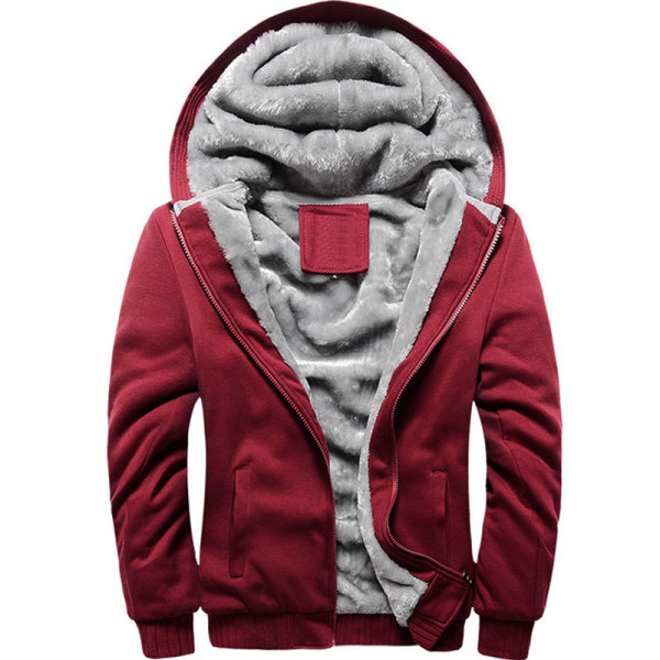 Man Varm Fleece Hoodie Full Zip Sherpa Fodrad Sweatshirt Jacka Red L