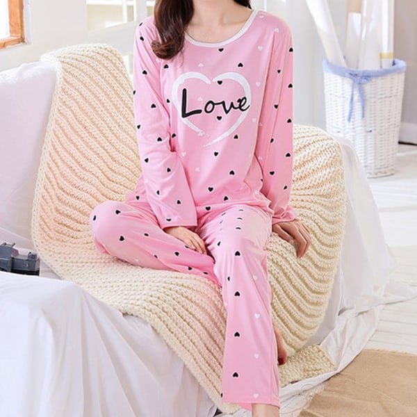 Långärmad pyjamas för kvinnor, 2-delad byxset för kvinnor Set beige bear L