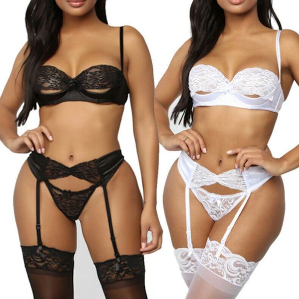 Kvinnors sexiga underklädesset PushUp topp bh trosa nattkläder sovkläder white M