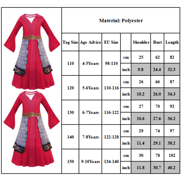 Heroine Mulan Outfit Vuxen/Barn Halloween fest Cosplay Klänning red 130cm  c27c | red | 130cm | Fyndiq