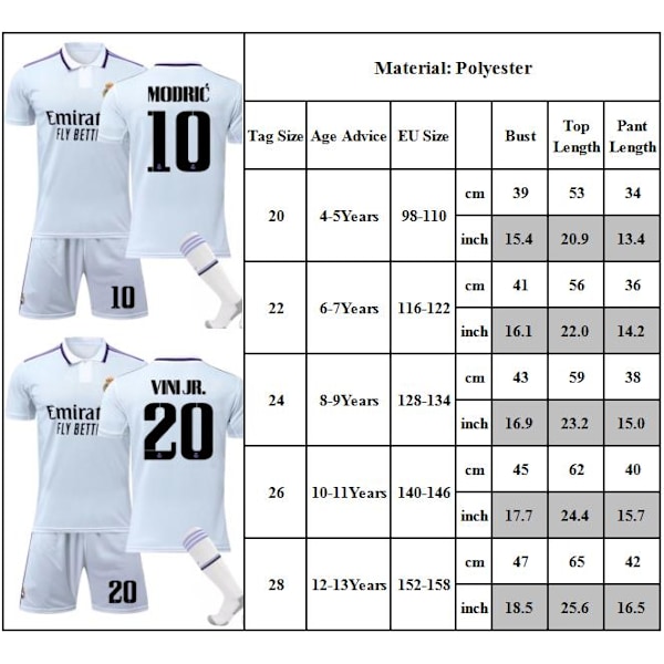 Real Madrid 2022/23 Hemma Tröja Barn Fotbollströja Träning Kit Barn Pojkar Träningsoverall Set #20 22