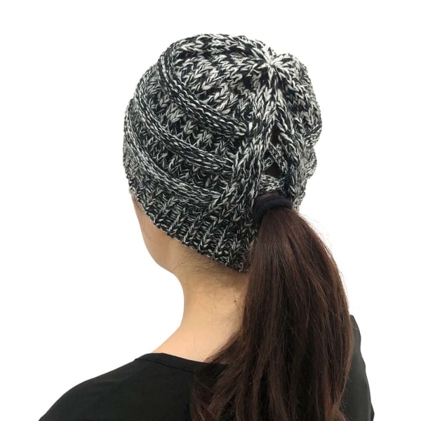 Dam Messy Bun Stickad Hästsvans Mössa Mössor Enkla Varma Mössor Black Flowers