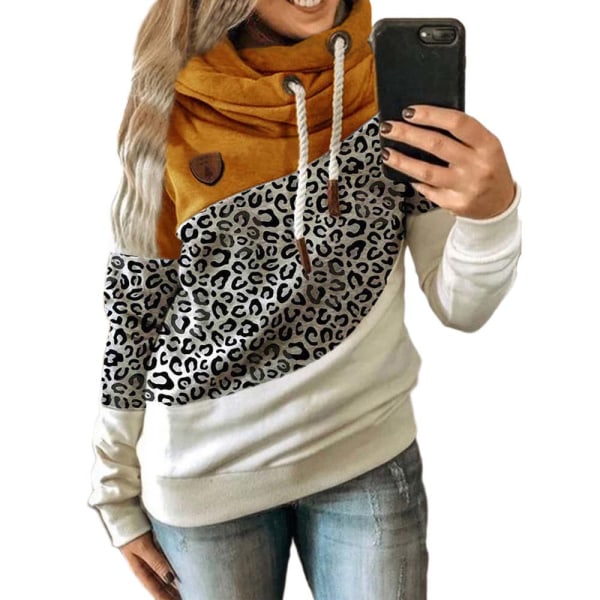 Huvtröja för kvinna med turtleneck sweatshirt hoodie sport camo tröja Leopard + yellow 2XL