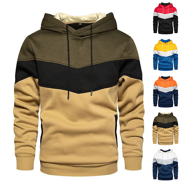 Långärmad huvtröja för män Färgblock Pullover Huvtröja Vintertoppar Yellow 2XL