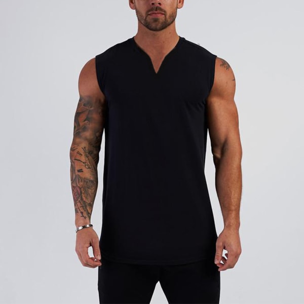 Män V-halsväst Linne Ärmlös Fitness Solid Casual T-shirt black XL
