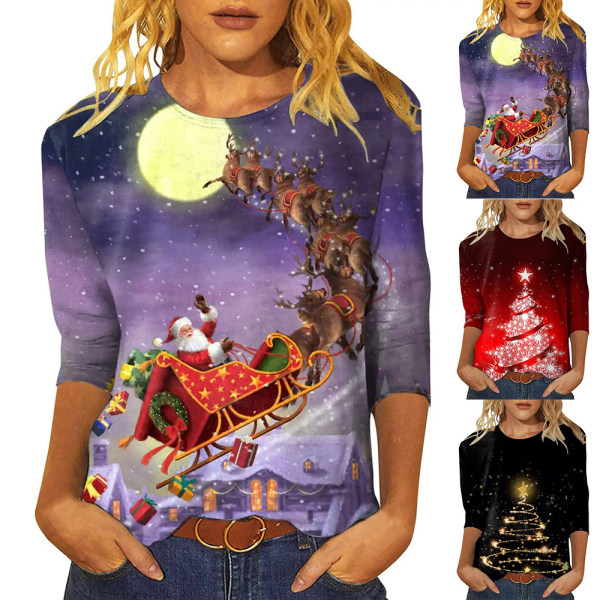 Jultröjor Dam Dressy Casual Holiday T-shirts med 3/4 ärmar B XL