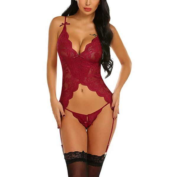 Dam Sexig Lingerie V-halsad Skärmstrumpa Perspektiv Underkläder Wine Red L