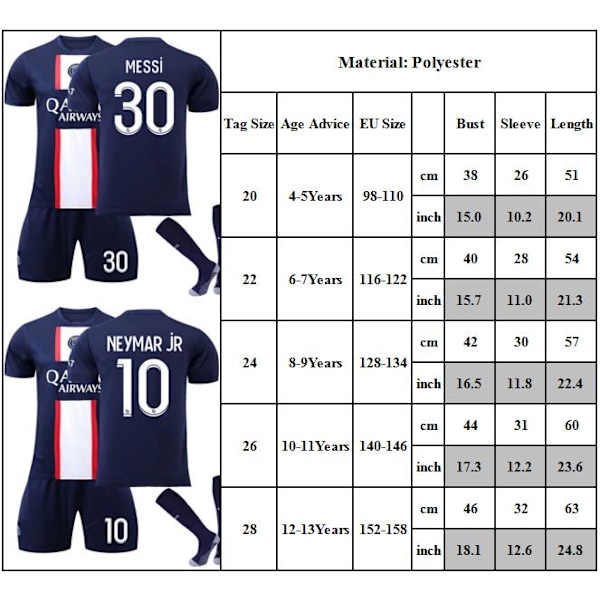 Paris Hemma Fotbollströja Jersey Dräkt Barn Pojkar Fotboll Full Kit Träningsoverall Fotbollsträningsdräkt Sportkläder Ålder 4-13Y #7 24