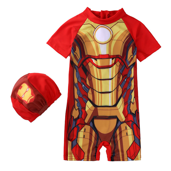 Barn Pojkar Iron Man Baddräkt Kortärmad Dragkedja Hel Baddräkt Solskyddsdräkt Badkläder Med Badmössa #6 2XL