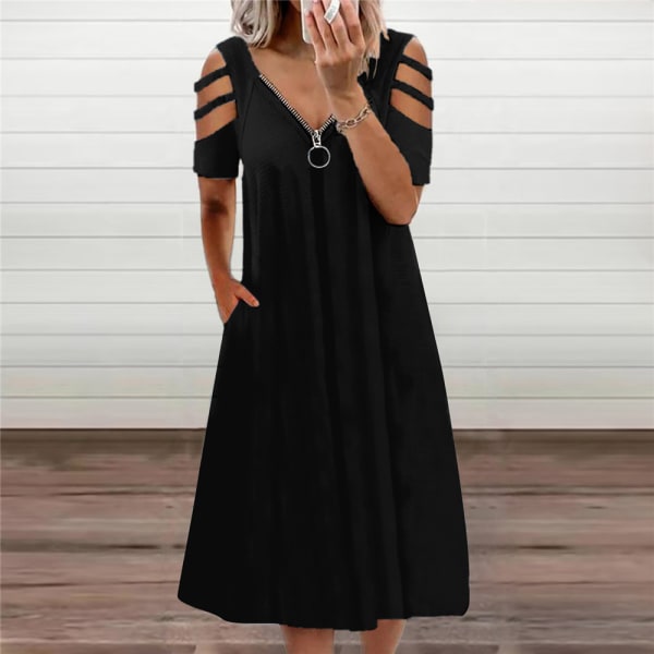 Sommarlovsklänning för kvinnor casual klänning med djup V-dragkedja Black S