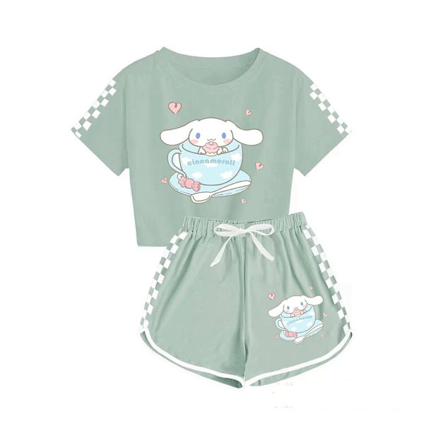 Cinnamoroll Tryckta Kortärmade T-shirts+shorts Sportkläder Set 5-14 År Barn Tonåringar Flicka Träningsdräkt Olive Green 130cm