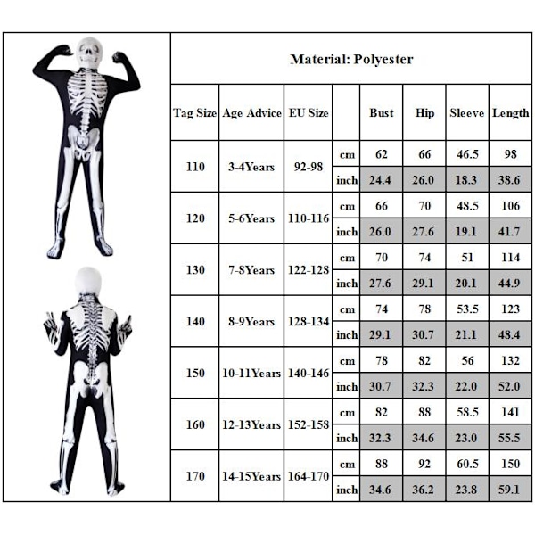 Halloween Skelett Kostym för Barn Kostym Tryck Bodysuit 110cm