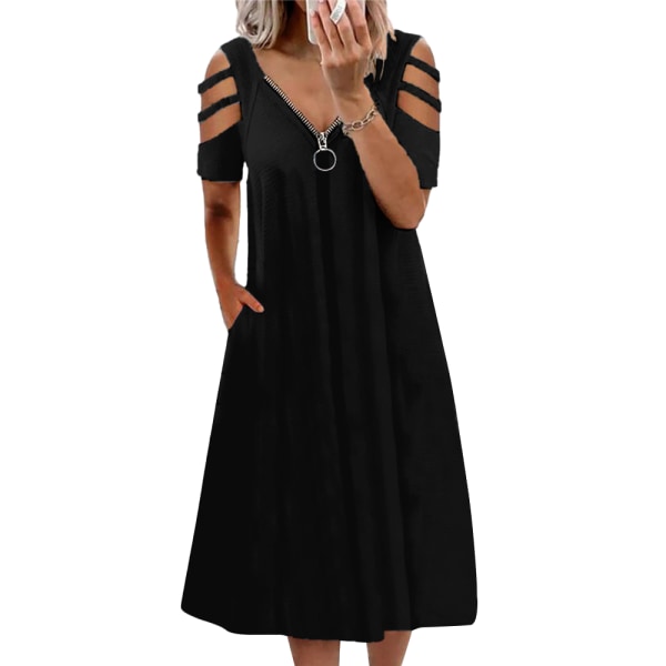 Sommarlovsklänning för kvinnor casual klänning med djup V-dragkedja Black L