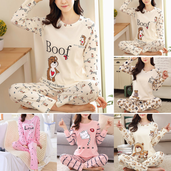 Långärmad pyjamas för kvinnor, 2-delad byxset för kvinnor Set beige bear M