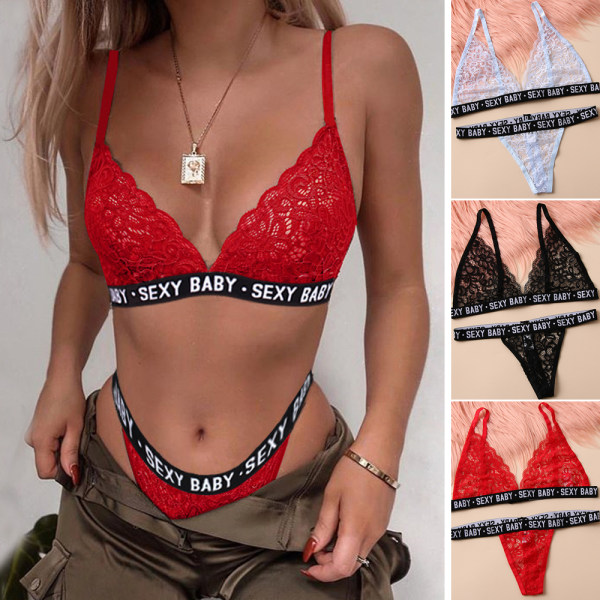 Brev med tryck Underkläder Kvinnor Sexig Spets BH Trosor Lingerie Set black L