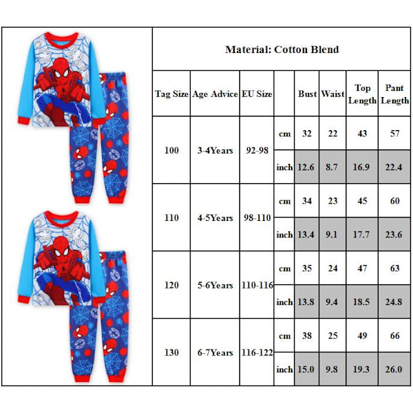 2 st Spiderman Pyjamas Outfits Nattkläder T-Shirt Byxor Set 100cm
