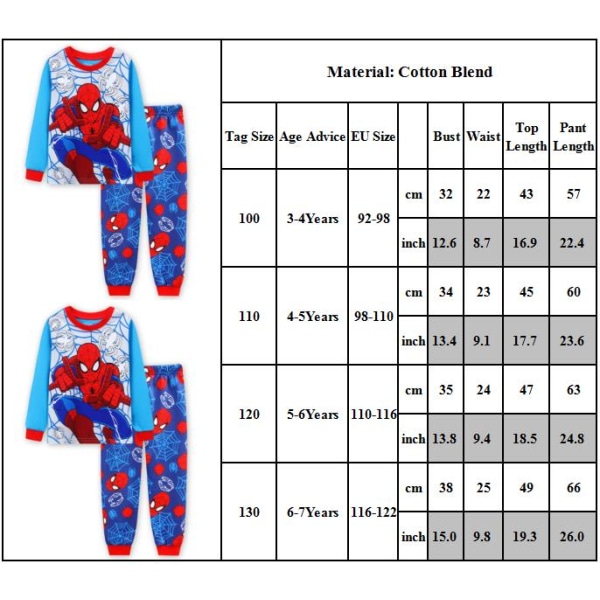 2st Kids Spiderman Pyjamas Outfits Nattkläder T-shirt byxor Set 130cm