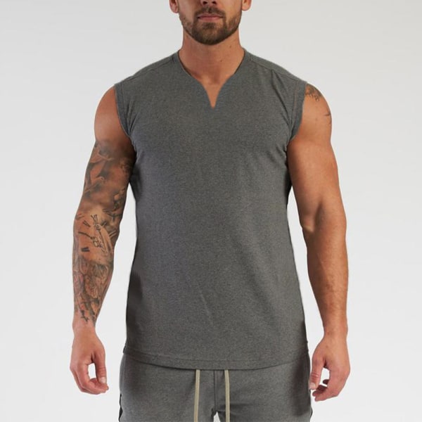 Män V-halsväst Linne Ärmlös Fitness Solid Casual T-shirt grey 2XL