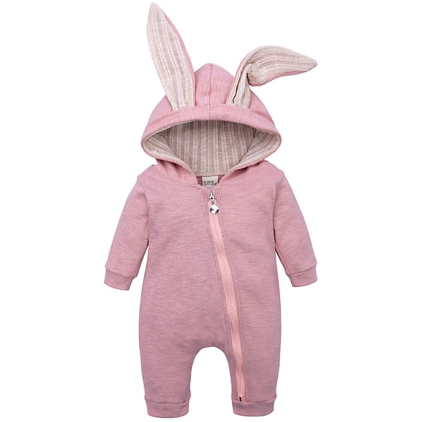 Baby Romper Cartoon Rabbit 3D Ear Hoodie 1Piece Zipper Bodysuit Pink 59cm
