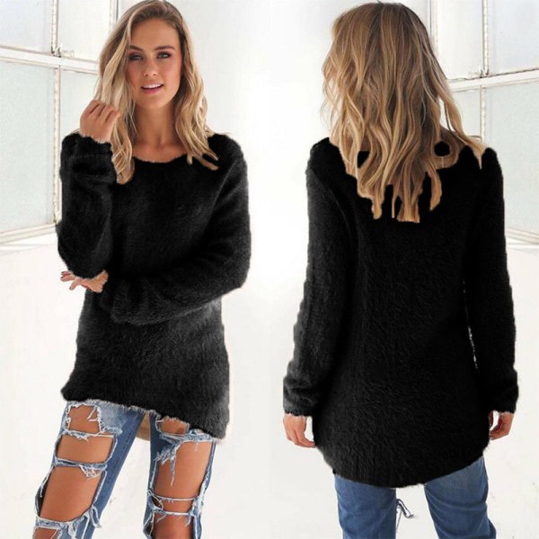Dam långärmad plyschtröja pullover sweatshirt topp black 2XL
