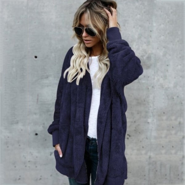 Dam Fuzzy Jacket Coat Hooded Cardigan Ytterkläder med fickor Blue L