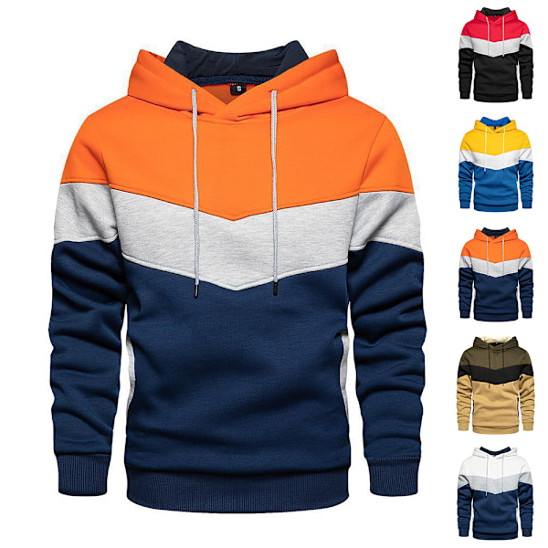 Långärmad huvtröja för män Färgblock Pullover Huvtröja Vintertoppar Orange L
