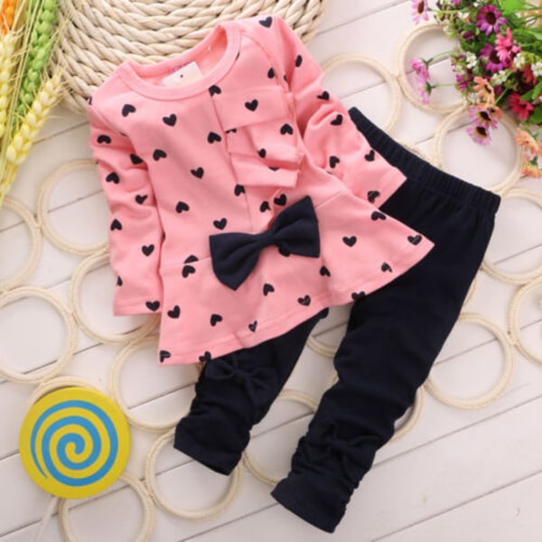 Barn långärmad bowknot T-shirt klänning randig + byxor Set Pink 110