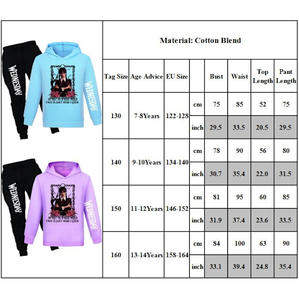Kids Addams Family Hoodie Sweatshirt Byxor Träningsoverall Casual Set light blue 130cm
