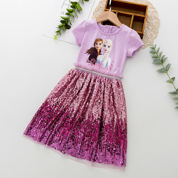 Flick Sommarklänning Anna Elsa Prinsessa Födelsedagsfest Klänning Kort Ärm Paljettklänningar Pink 120cm
