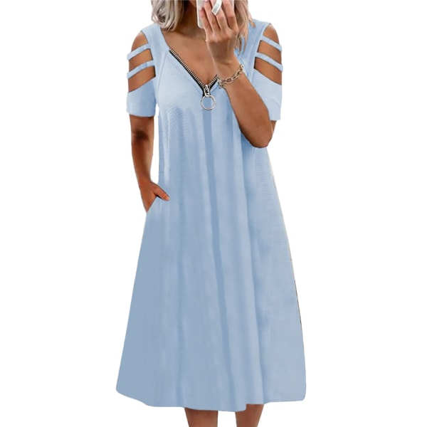 Sommarlovsklänning för kvinnor casual klänning med djup V-dragkedja Blue 2XL