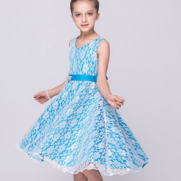 Barn Flickor Virkad Spets Bal Klänning Kjol Prinsessa Bröllopsklänning sky blue 8year