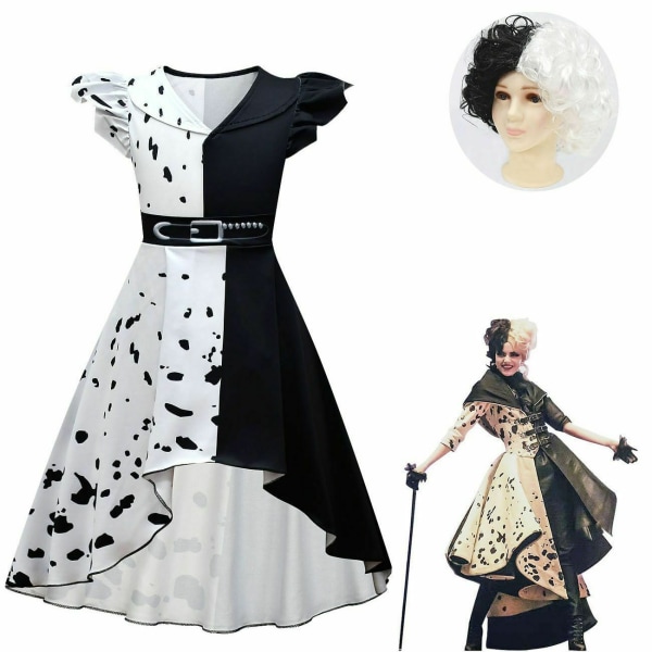 Flickor Evil Madame Princess Cruella Kostym Klänning+Peruk Cosplay White 130cm