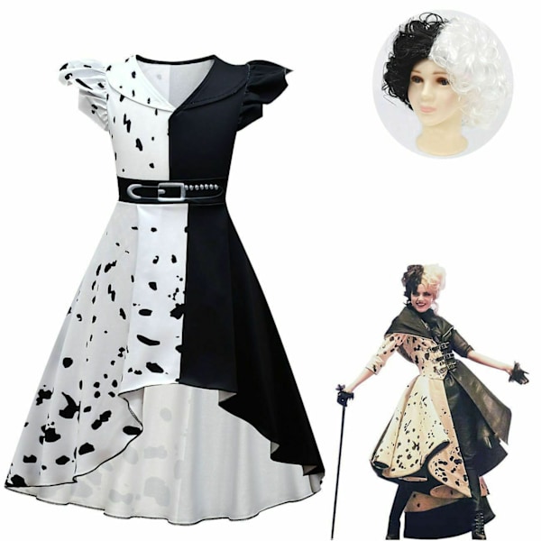 Flickor Evil Madame Princess Cruella Kostym Klänning+Peruk Cosplay White 160cm