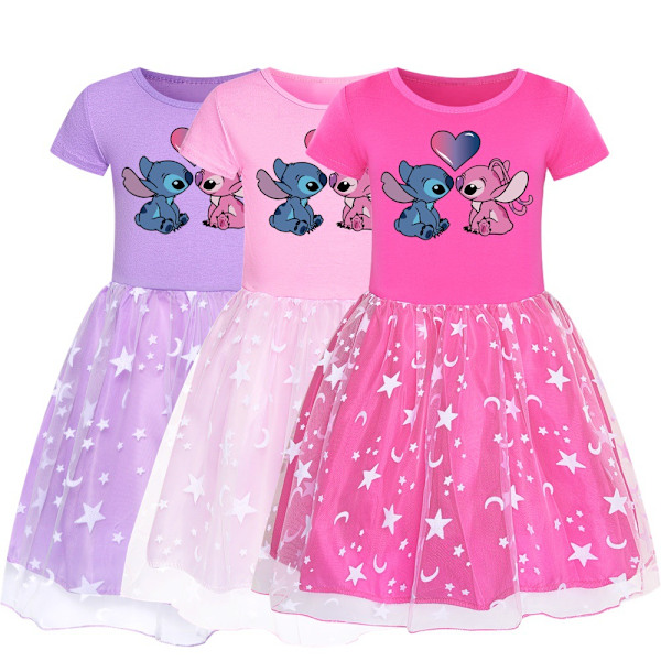 Flick Sommarklänning Stitch Prinsessa Födelsedagsfest Klänning Kortärmad Stjärnklänningar Pink 140cm
