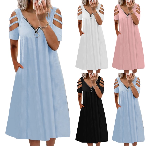 Sommarlovsklänning för kvinnor casual klänning med djup V-dragkedja Blue S