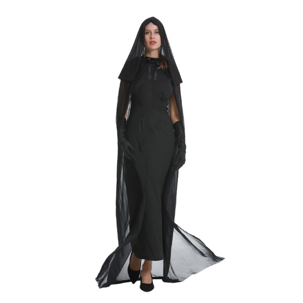 Kvinnors långa klänning Halloween häxa cosplay kostym med kappa S