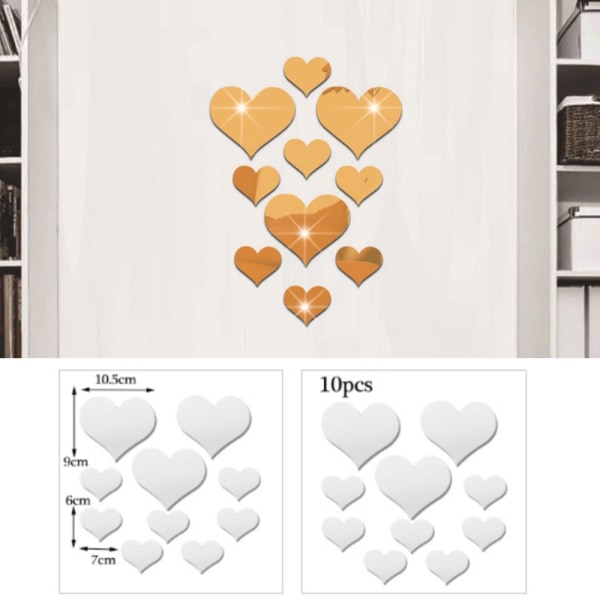 10 st kärlek hjärtformade spegelväggklistermärken Stick On Art Decor Silver 10pcs